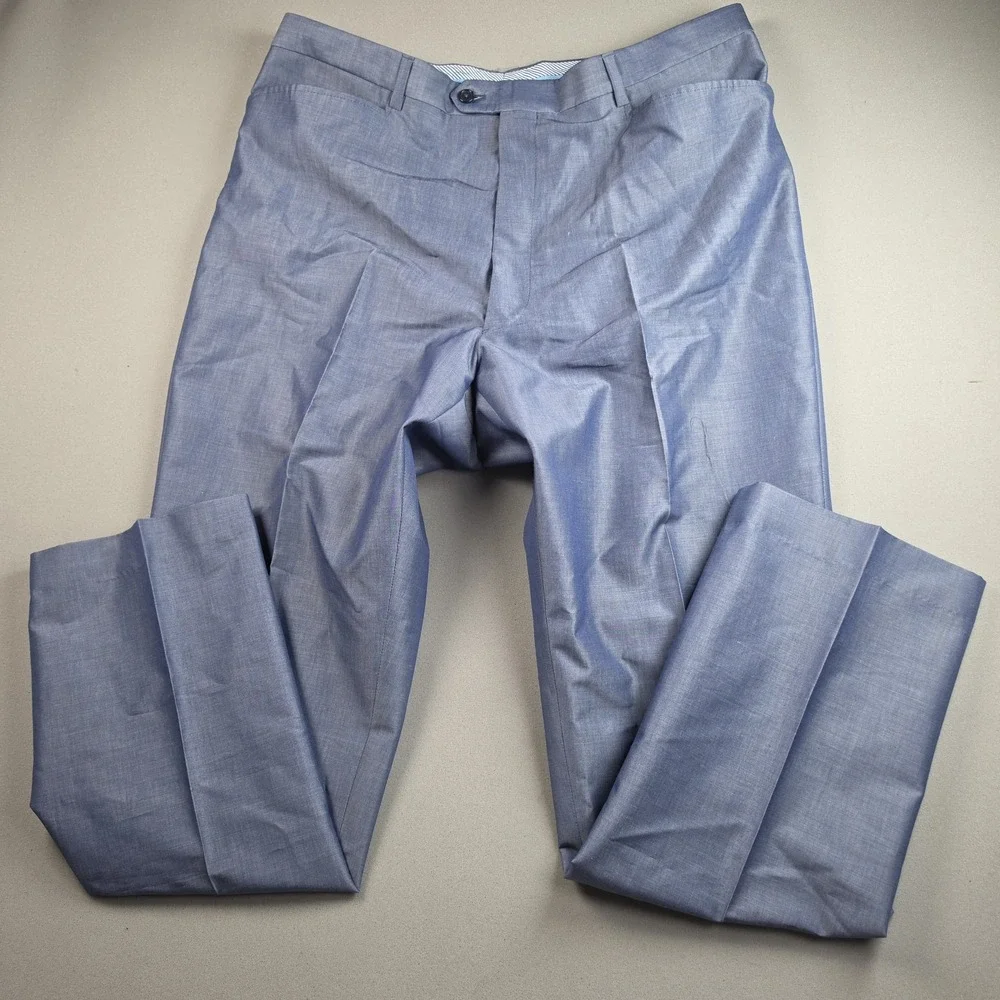 Rocco's Naples FL Torino Men's Blue Chambray Cotton Flat Front Dress Pants Italy